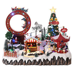 Cenário de Natal em miniatura nevado com brinquedos movimento luzes LED 37x46x60 cm