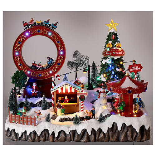 Cenário de Natal em miniatura nevado com brinquedos movimento luzes LED 37x46x60 cm 2