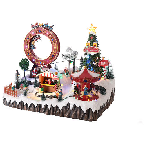 Cenário de Natal em miniatura nevado com brinquedos movimento luzes LED 37x46x60 cm 3