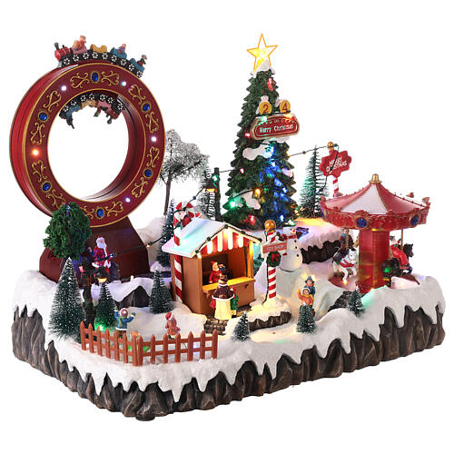 Cenário de Natal em miniatura nevado com brinquedos movimento luzes LED 37x46x60 cm 4