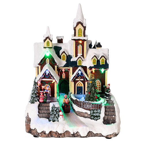 Pueblo Navidad nieve iglesia árbol movimiento luces led 30x20x20 cm 1