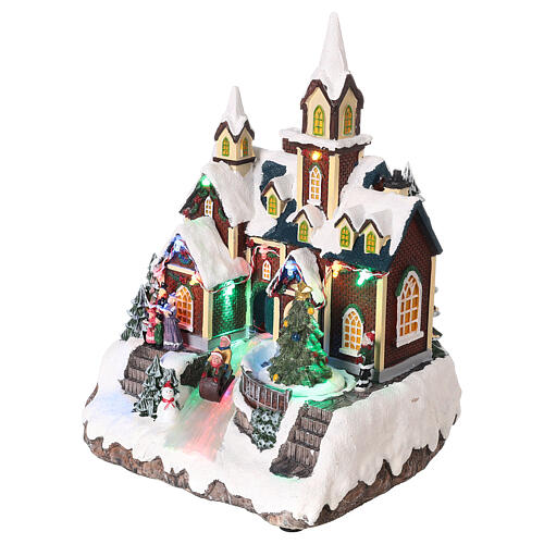 Pueblo Navidad nieve iglesia árbol movimiento luces led 30x20x20 cm 3