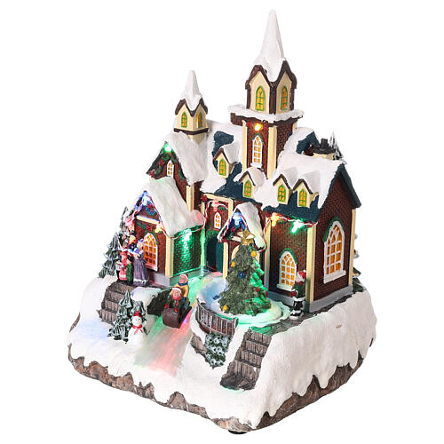 Cenário de Natal em miniatura igreja com árvore de Natal movimento luzes LED 30x21x20 cm 3