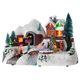 Aldeia natalina em miniatura comboio, rio, árvore de Natal movimento, luzes, música 19x30x19 cm