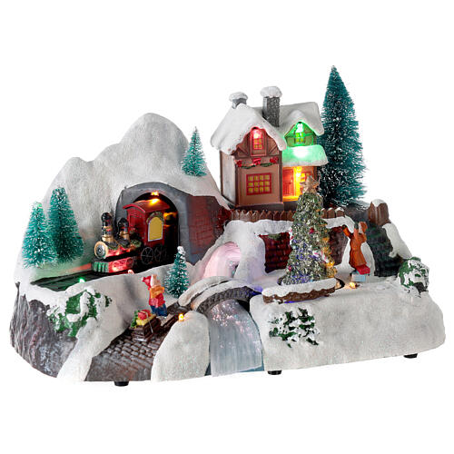 Aldeia natalina em miniatura comboio, rio, árvore de Natal movimento, luzes, música 19x30x19 cm 4