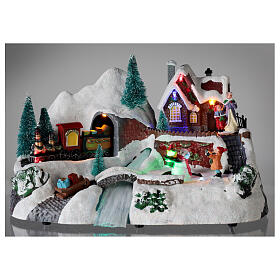 Aldeia natalina em miniatura comboio, rio, boneco de neve movimento, luzes, música 19x30x19 cm