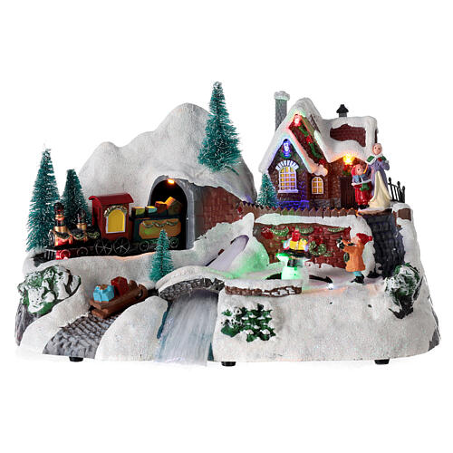 Aldeia natalina em miniatura comboio, rio, boneco de neve movimento, luzes, música 19x30x19 cm 1