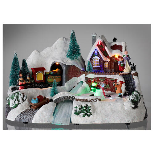 Aldeia natalina em miniatura comboio, rio, boneco de neve movimento, luzes, música 19x30x19 cm 2