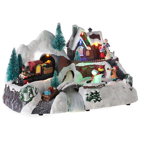 Aldeia natalina em miniatura comboio, rio, boneco de neve movimento, luzes, música 19x30x19 cm 4