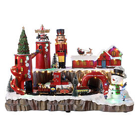 Décor de Noël centre d'expédition cadeaux Père Noël avec train et lumières 40x55x30 cm