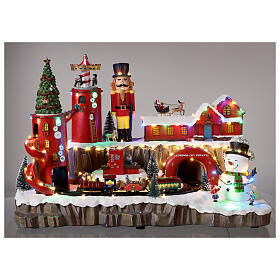 Décor de Noël centre d'expédition cadeaux Père Noël avec train et lumières 40x55x30 cm