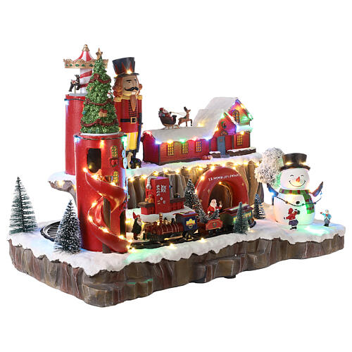 Décor de Noël centre d'expédition cadeaux Père Noël avec train et lumières 40x55x30 cm 4