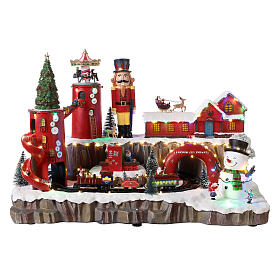 Miasteczko bożonarodzeniowe punkt wysyłki prezentów Świętego Mikołaja z pocigiem i światełkami 40x55x30 cm