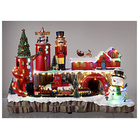 Miasteczko bożonarodzeniowe punkt wysyłki prezentów Świętego Mikołaja z pocigiem i światełkami 40x55x30 cm