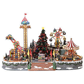 Décor de Noël fête foraine avec éclairage, sapin de Noël et manèges 60x90x60 cm