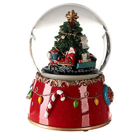 Caixa de música globo de neve árvore de Natal enfeitada com base vermelha 14x10x10 cm