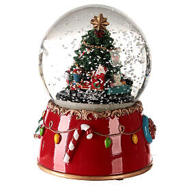 Caixa de música globo de neve árvore de Natal enfeitada com base vermelha 14x10x10 cm