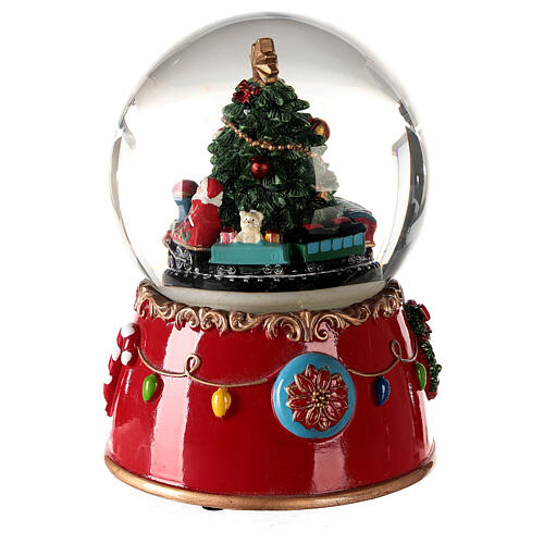 Caixa de música globo de neve árvore de Natal enfeitada com base vermelha 14x10x10 cm 3