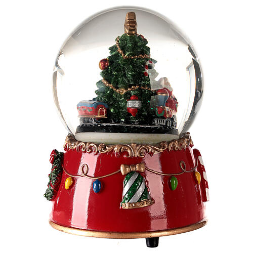 Caixa de música globo de neve árvore de Natal enfeitada com base vermelha 14x10x10 cm 4