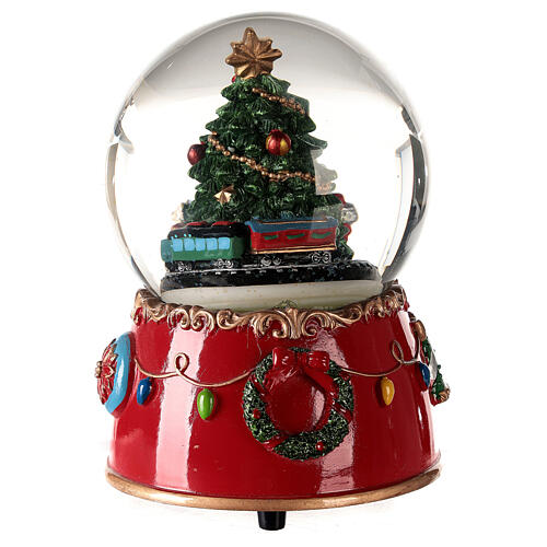 Caixa de música globo de neve árvore de Natal enfeitada com base vermelha 14x10x10 cm 5