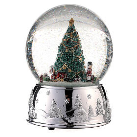 Boîte à musique de Noël sapin décoré sur base argentée 15x10x10 cm