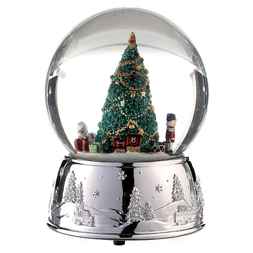 Caixa de música globo de neve árvore de Natal e base prateada, 16x11x11 cm 1