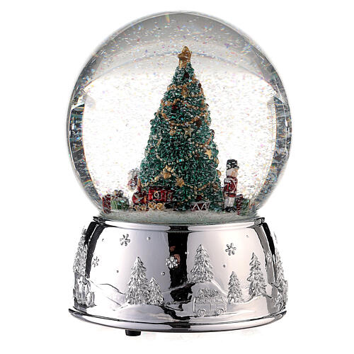 Caixa de música globo de neve árvore de Natal e base prateada, 16x11x11 cm 2