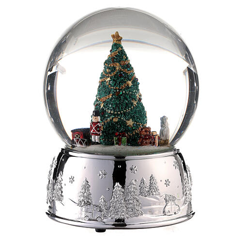 Caixa de música globo de neve árvore de Natal e base prateada, 16x11x11 cm 4