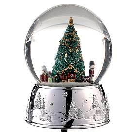 Snow globe Christmas tree music box with silver base 15x10x10
