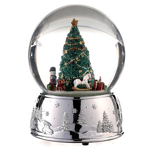 Snow globe Christmas tree music box with silver base 15x10x10 3