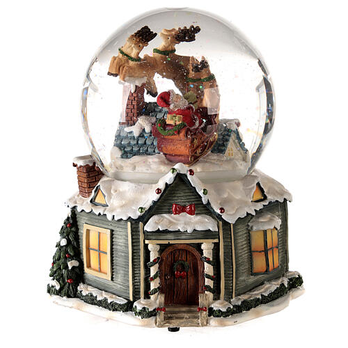 Christmas snow globe music box Santa Claus reindeer sleigh 15X15X10 1