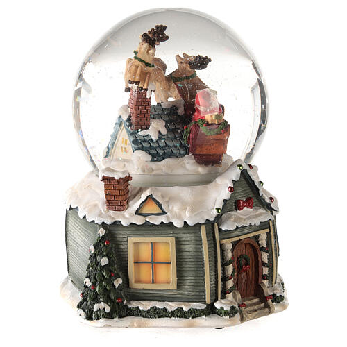 Christmas snow globe music box Santa Claus reindeer sleigh 15X15X10 4