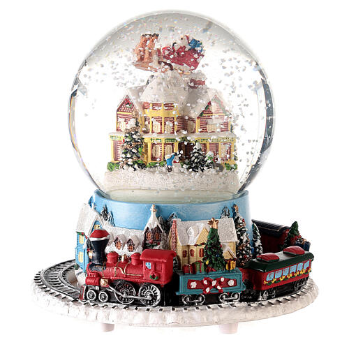 Caixa de música globo de neve comboio, casa e Pai Natal no trenó, 16x16x16 cm 2