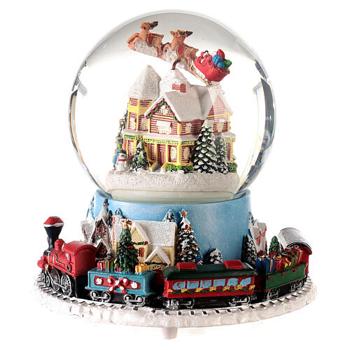 Caixa de música globo de neve comboio, casa e Pai Natal no trenó, 16x16x16 cm 3