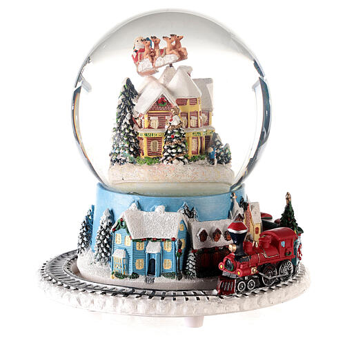Caixa de música globo de neve comboio, casa e Pai Natal no trenó, 16x16x16 cm 4
