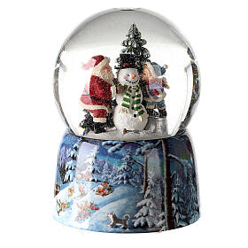 Caixa de música globo de neve Pai Natal, criança e boneco de neve; 14x10x10 cm