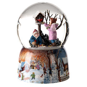 Snow globe with music box, children feeding birds 15x10x10 cm