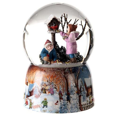 Snow globe with music box, children feeding birds 15x10x10 cm 1