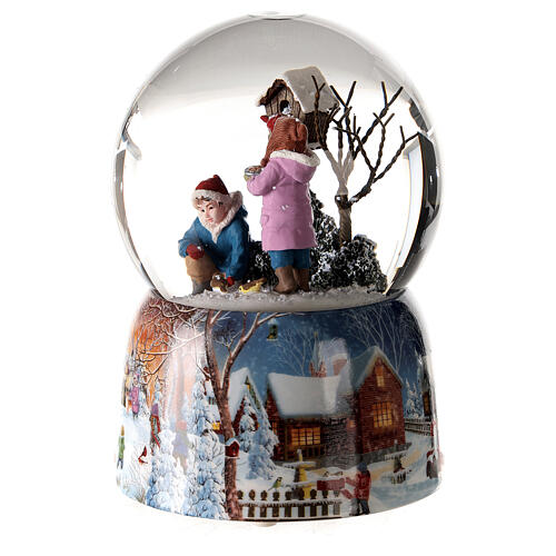 Snow globe with music box, children feeding birds 15x10x10 cm 3