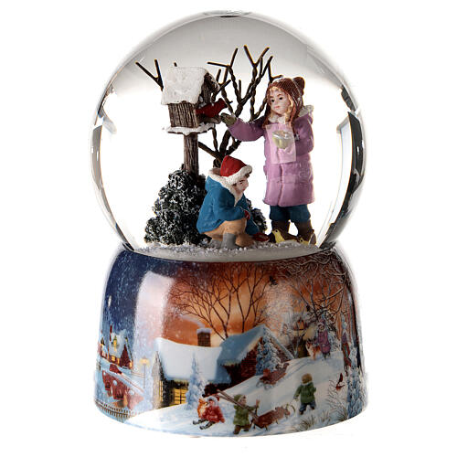 Snow globe with music box, children feeding birds 15x10x10 cm 4