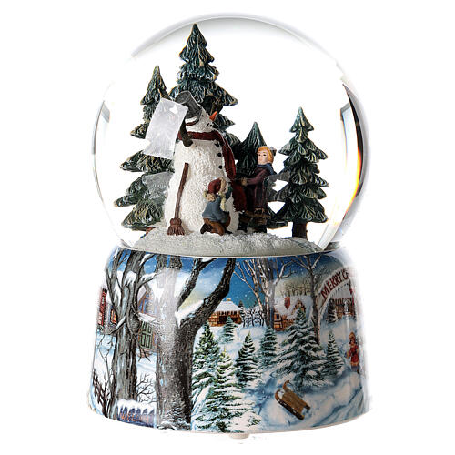 Globo de neve de Natal com caixa de música, boneco de neve na floresta, 15x10x10 cm 3
