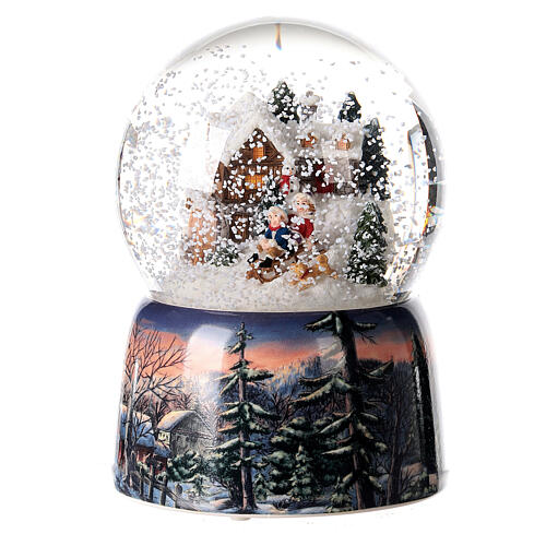 Globo de neve de Natal com caixa de música, casinha com trenô, 15x10x10 cm 2