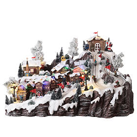 Aldeia natalina em miniatura montanha com teleférico, pista de esqui e patinadores, 40x60x45 cm