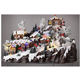 Aldeia natalina em miniatura montanha com teleférico, pista de esqui e patinadores, 40x60x45 cm