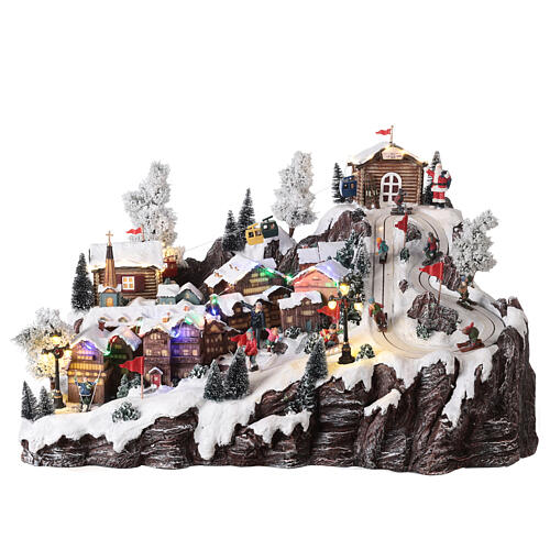 Aldeia natalina em miniatura montanha com teleférico, pista de esqui e patinadores, 40x60x45 cm 1