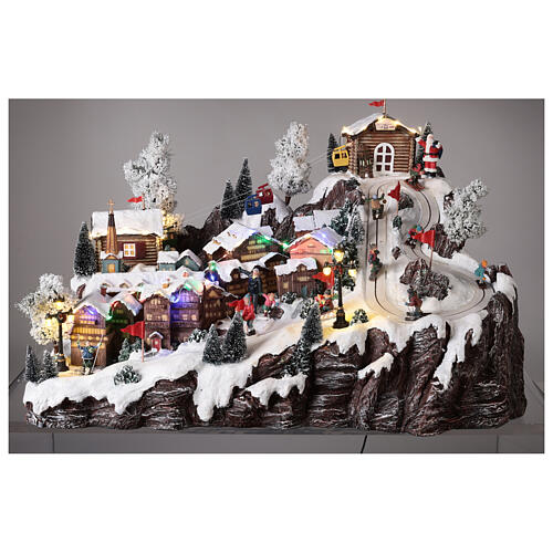 Aldeia natalina em miniatura montanha com teleférico, pista de esqui e patinadores, 40x60x45 cm 2