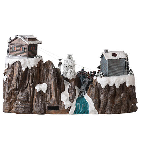 Aldeia natalina em miniatura montanha com estação de esqui, pista e patinadores, 40x60x45 cm 5