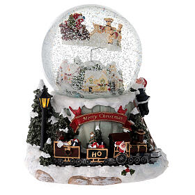 Glaskugel Weihnachtsschlitten Weihnachtsmann Schnee und Musik, 20x15 cm