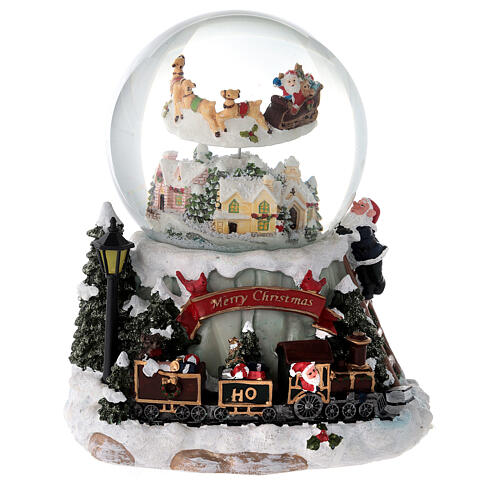 Glaskugel Weihnachtsschlitten Weihnachtsmann Schnee und Musik, 20x15 cm 1