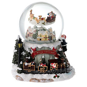 Christmas snow globe Santa's sleigh and train, music box, 7x6.5 in